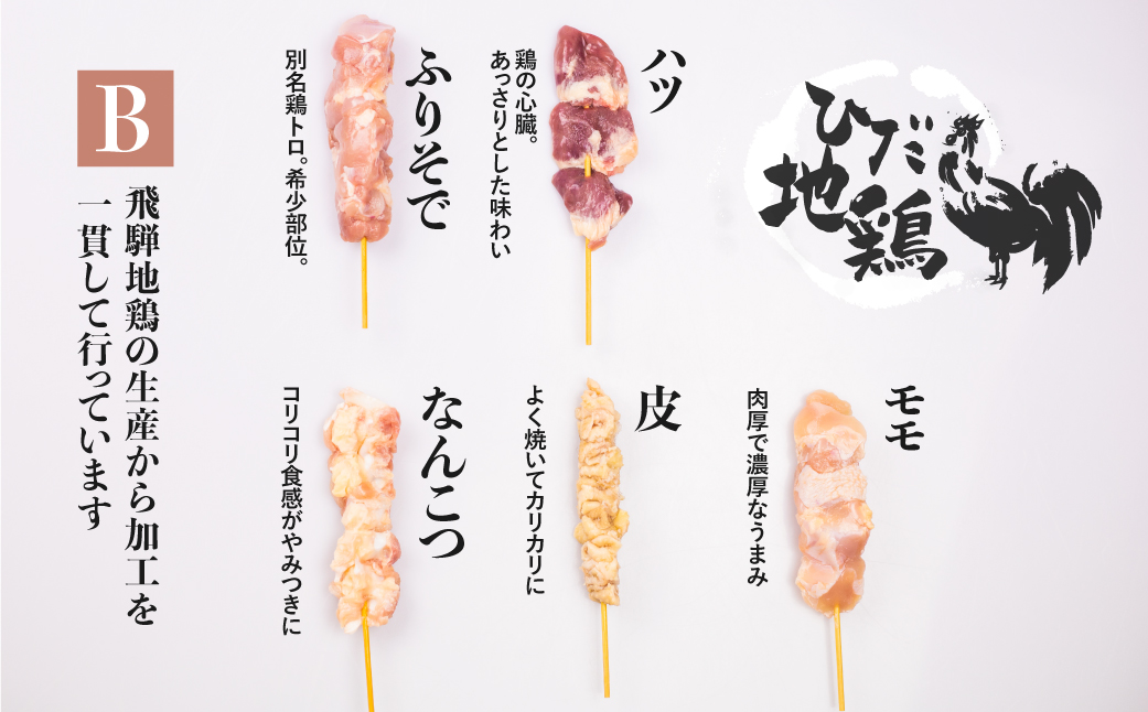飛騨地鶏 焼き鳥 10本セットB 部位5種類 もも 皮 ふりそで なんこつ はつ 希少部位 国産鶏肉 食べ比べ ｜ ふるさと納税 ｜ モンベル