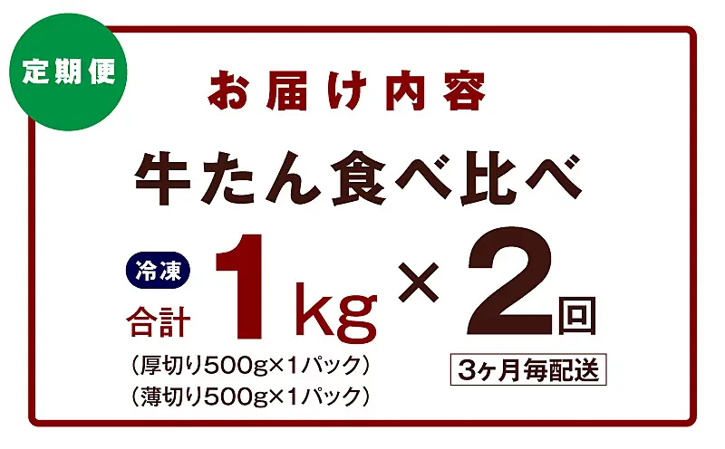 mrzZ061 【定期便】牛たん 食べ比べ 1kg×全2回【2026年1月＆4月発送