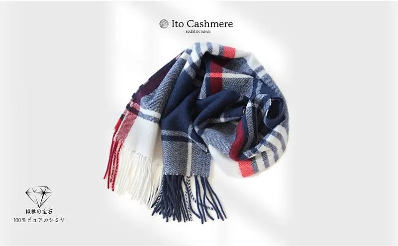 G3603 100％ピュアカシミヤ・マフラー ネイビー×レッドチェック